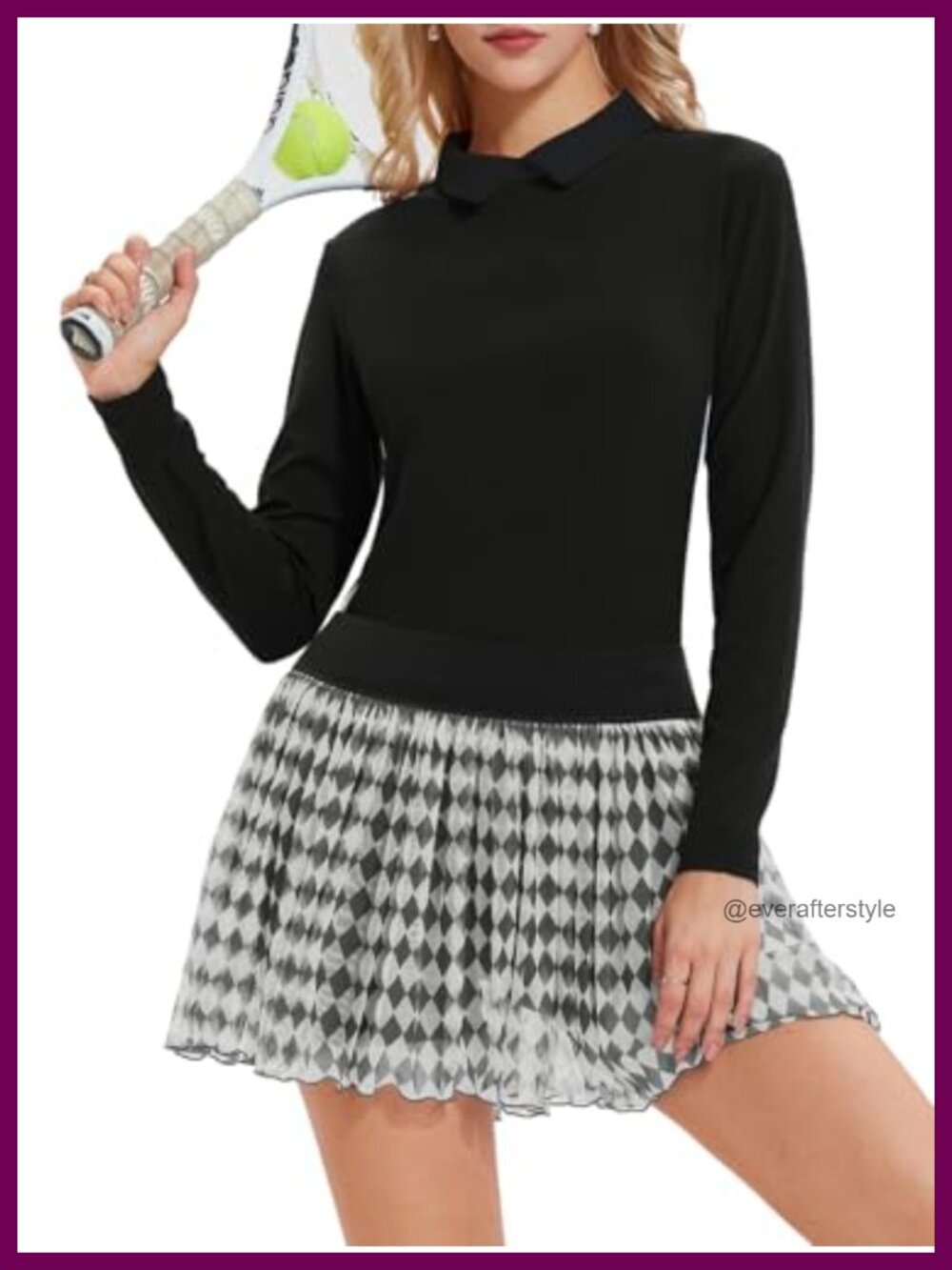 2 Piece Tennis Skort Set Long Sleeve Collared Top Pleated Skort 4 Pockets